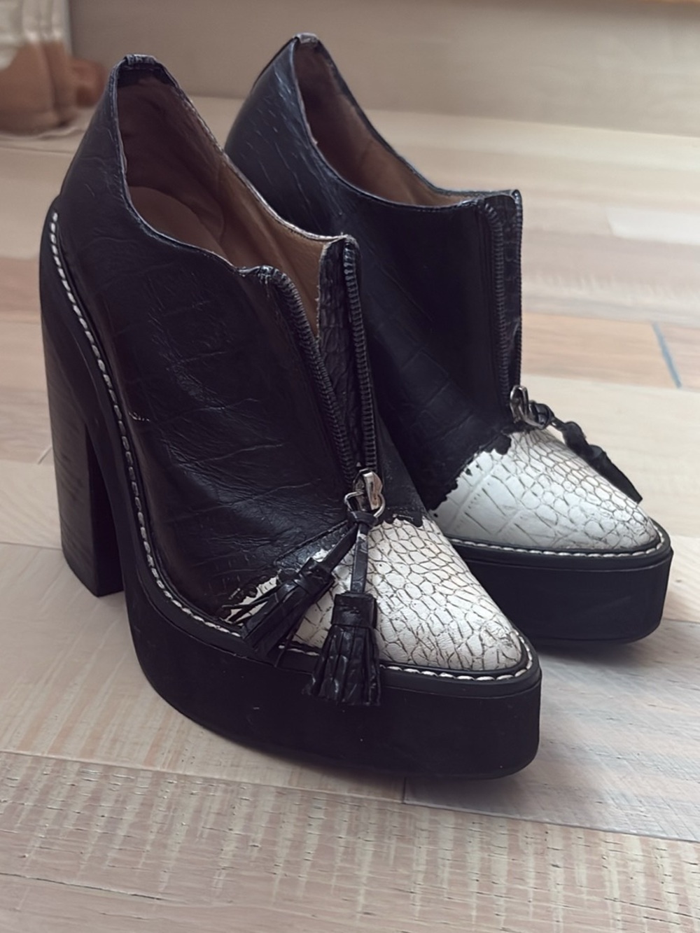 Jeffrey Campbell Black and White Croc-Textured Tassel Platform Heels